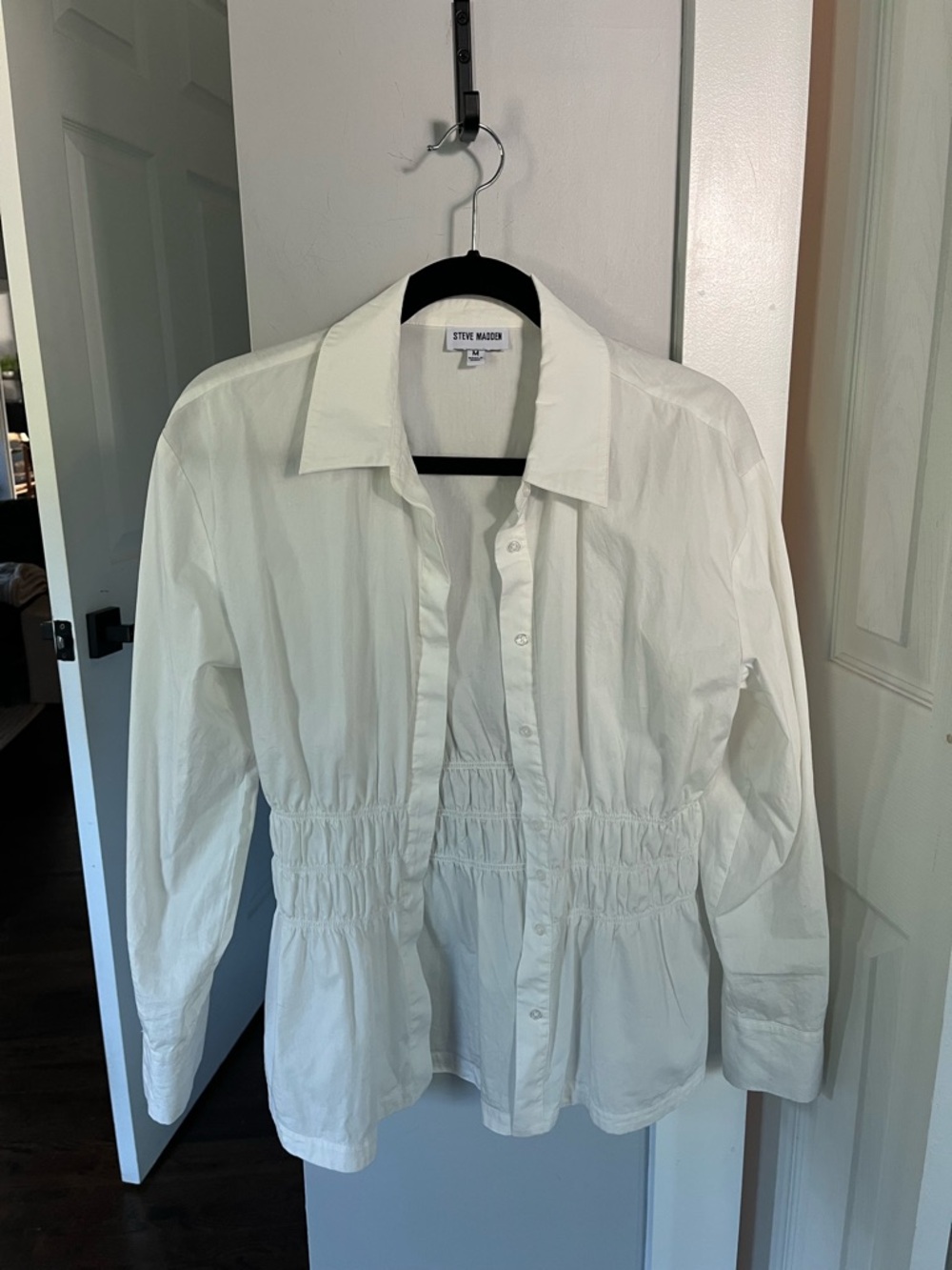 Steve Madden White Gathered Waist Button-Up Shirt Jacket